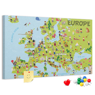 Kurk prikbord met een kleurrijke kaart van Europa inclusief culturele iconen