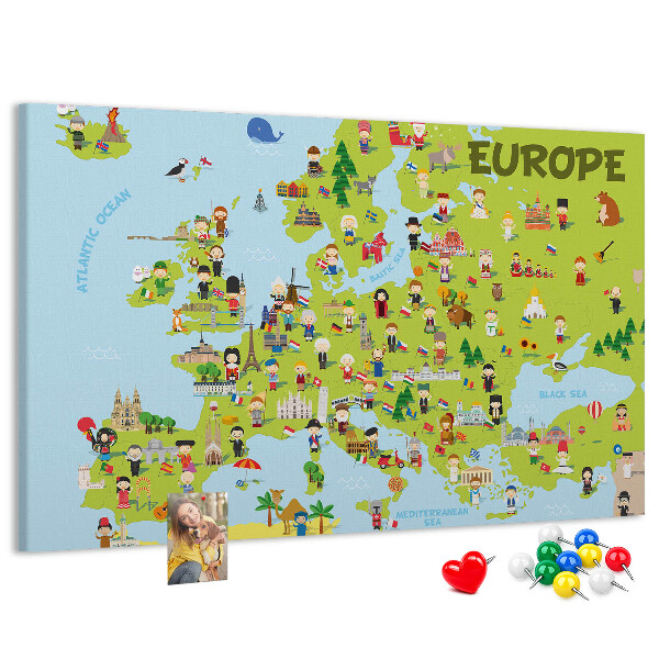 Kurk prikbord met een kleurrijke kaart van Europa inclusief culturele iconen
