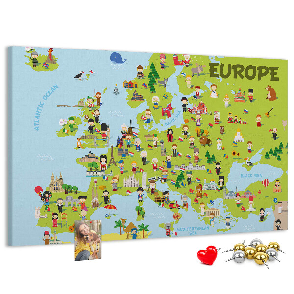 Kurk prikbord met een kleurrijke kaart van Europa inclusief culturele iconen