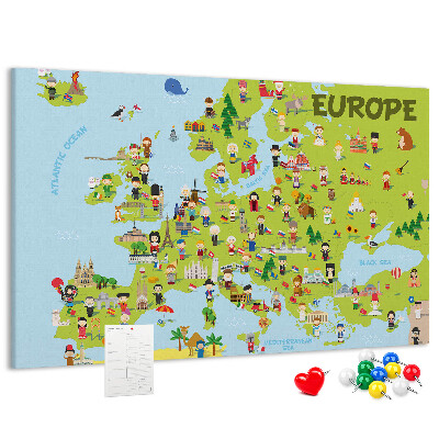 Kurk prikbord met een kleurrijke kaart van Europa inclusief culturele iconen