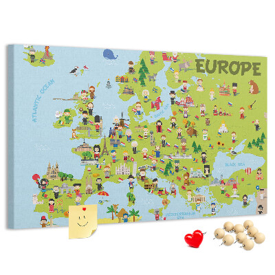 Kurk prikbord met een kleurrijke kaart van Europa inclusief culturele iconen