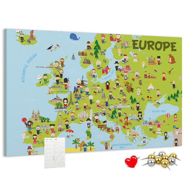 Kurk prikbord met een kleurrijke kaart van Europa inclusief culturele iconen