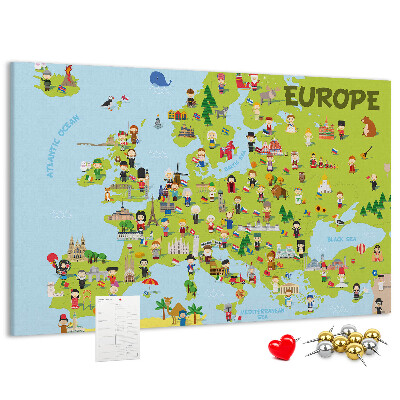 Kurk prikbord met een kleurrijke kaart van Europa inclusief culturele iconen