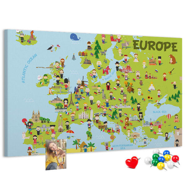 Kurk prikbord met een kleurrijke kaart van Europa inclusief culturele iconen