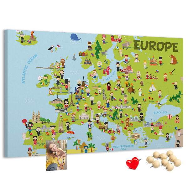 Kurk prikbord met een kleurrijke kaart van Europa inclusief culturele iconen