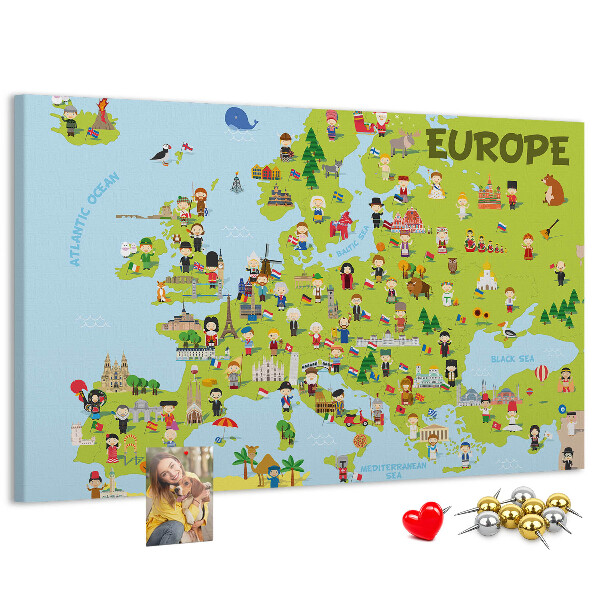 Kurk prikbord met een kleurrijke kaart van Europa inclusief culturele iconen