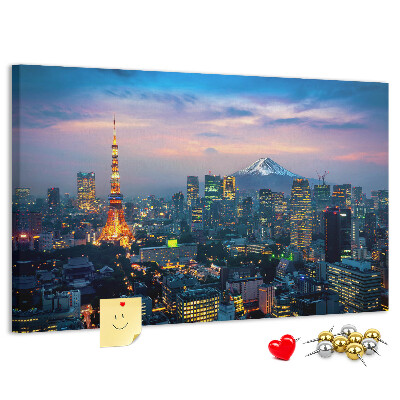Prikbord zonsondergang boven Tokio met de Fuji op de achtergrond
