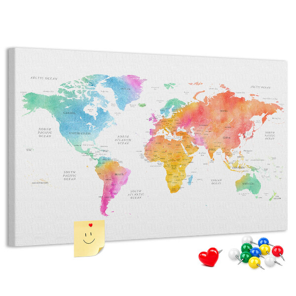 Kurkbord wereldkaart kleurrijke uitvoering in aquarel