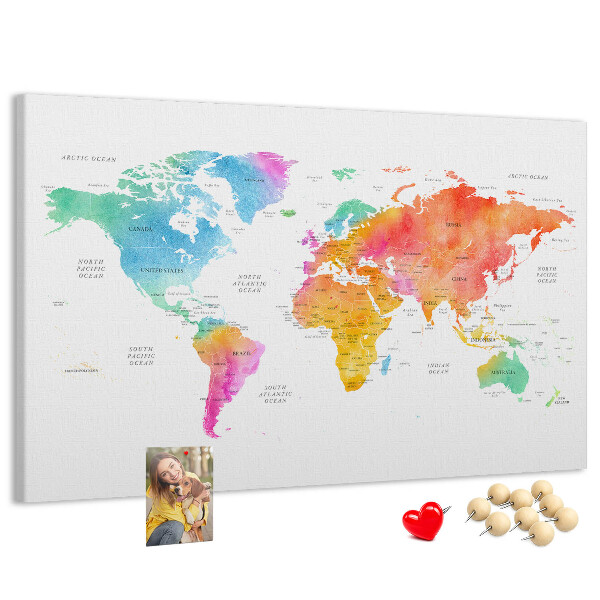 Kurkbord wereldkaart kleurrijke uitvoering in aquarel