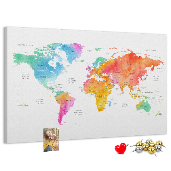 Kurkbord wereldkaart kleurrijke uitvoering in aquarel