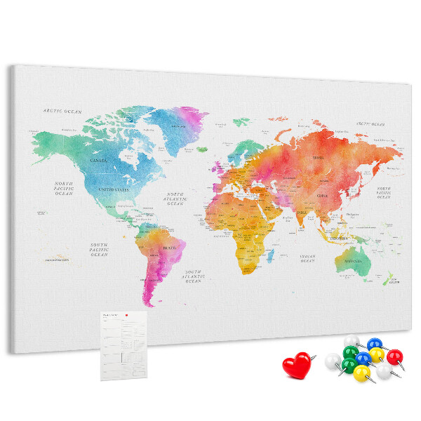 Kurkbord wereldkaart kleurrijke uitvoering in aquarel