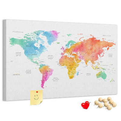 Kurkbord wereldkaart kleurrijke uitvoering in aquarel