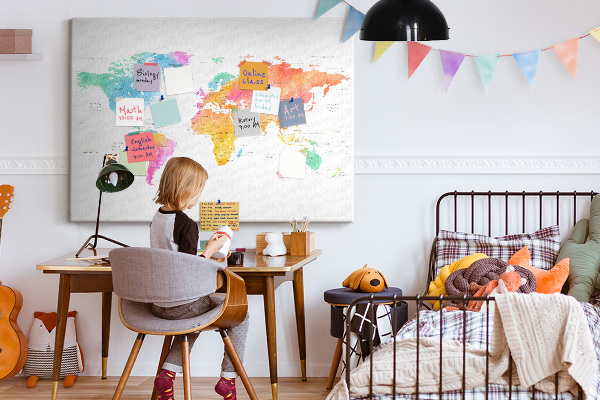 Kurkbord wereldkaart kleurrijke uitvoering in aquarel