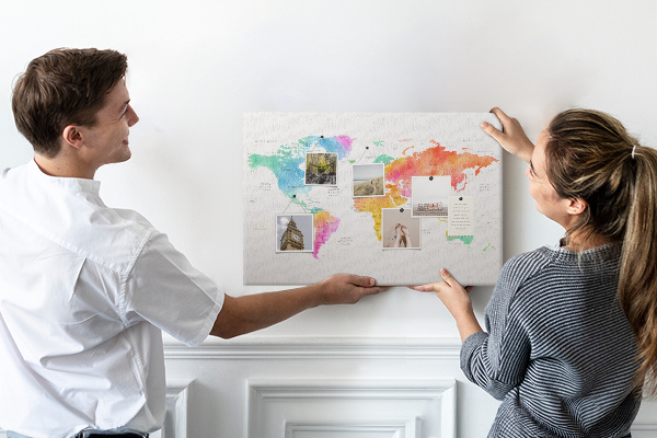 Kurkbord wereldkaart kleurrijke uitvoering in aquarel