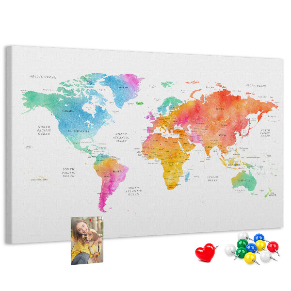 Kurkbord wereldkaart kleurrijke uitvoering in aquarel
