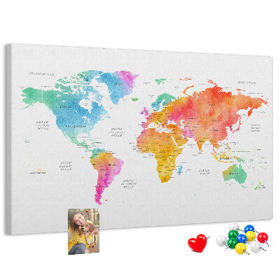 Kurkbord wereldkaart kleurrijke uitvoering in aquarel