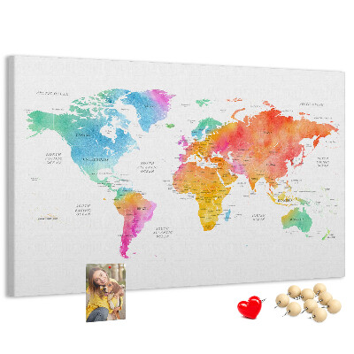 Kurkbord wereldkaart kleurrijke uitvoering in aquarel