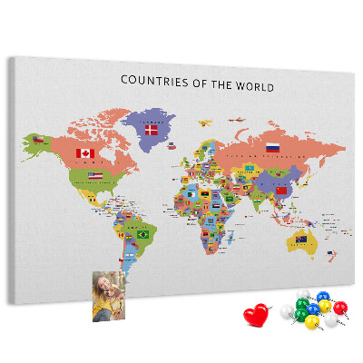 Wereldkaart prikbord met gemarkeerde landen