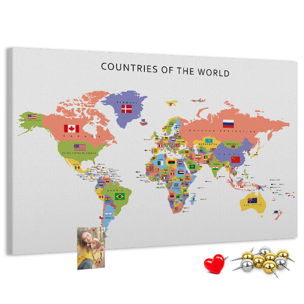 Wereldkaart prikbord met gemarkeerde landen