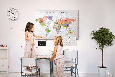 Wereldkaart prikbord met gemarkeerde landen