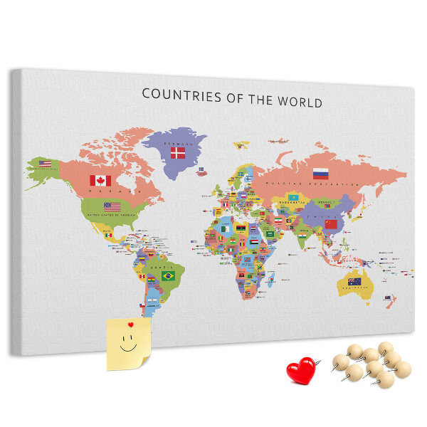 Wereldkaart prikbord met gemarkeerde landen