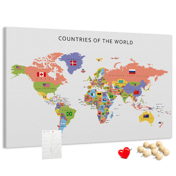 Wereldkaart prikbord met gemarkeerde landen