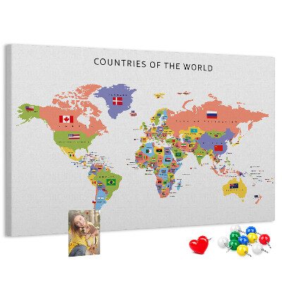 Wereldkaart prikbord met gemarkeerde landen