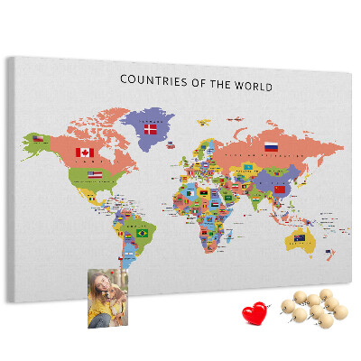 Wereldkaart prikbord met gemarkeerde landen