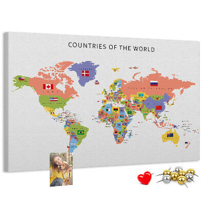 Wereldkaart prikbord met gemarkeerde landen