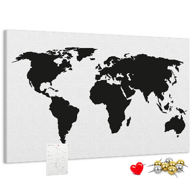 Prikbord met een zwarte wereldkaart als muurdecoratie