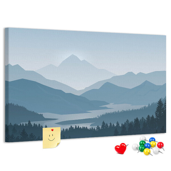 Kurkbord berglandschap in verschillende tinten blauw