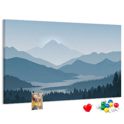 Kurkbord berglandschap in verschillende tinten blauw