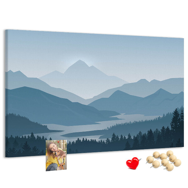 Kurkbord berglandschap in verschillende tinten blauw