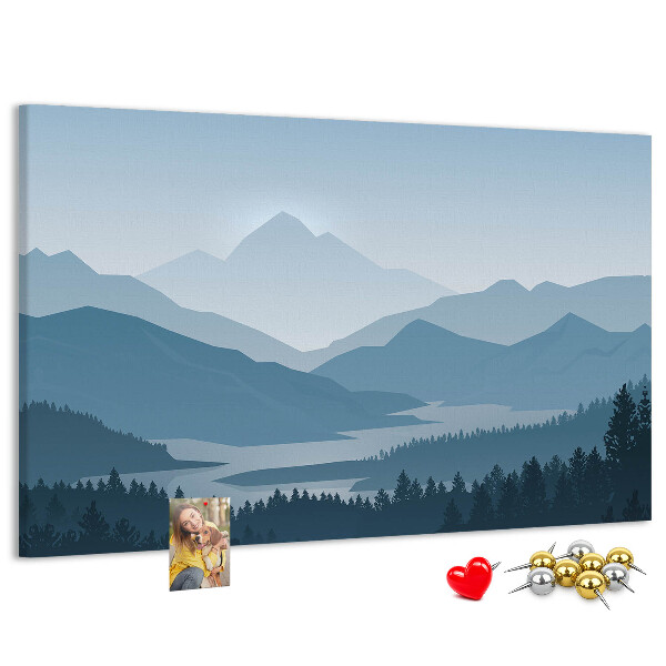 Kurkbord berglandschap in verschillende tinten blauw