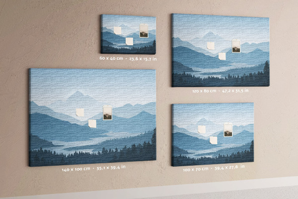 Kurkbord berglandschap in verschillende tinten blauw
