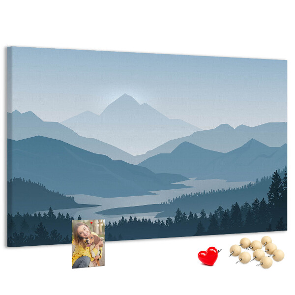 Kurkbord berglandschap in verschillende tinten blauw