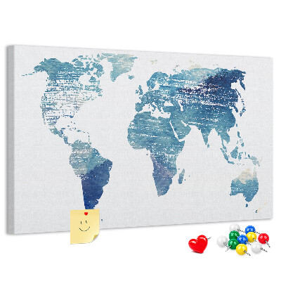 Kurk prikbord met abstracte wereldkaart in blauwe tinten