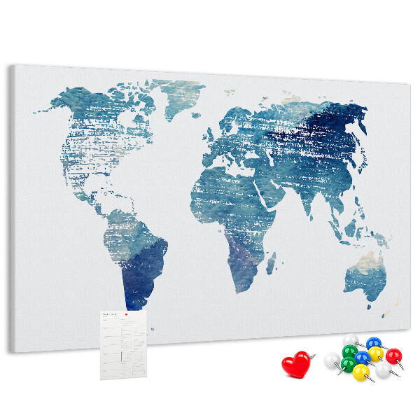Kurk prikbord met abstracte wereldkaart in blauwe tinten