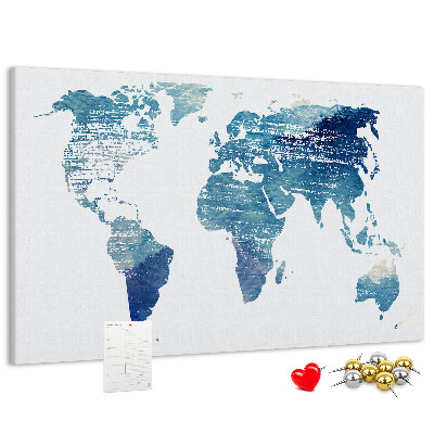 Kurk prikbord met abstracte wereldkaart in blauwe tinten
