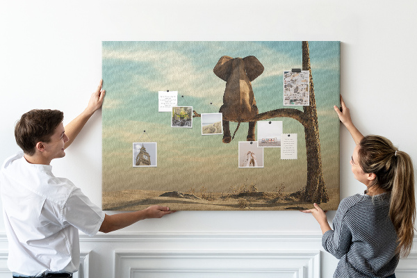 Kurkbord met een afbeelding van een olifant op een tak in een woestijnlandschap