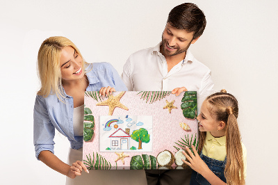 Kurkbord met tropisch landschap van schelpen en bladeren