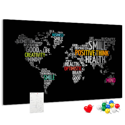 Kurkbord wereldkaart met motiverende slogans