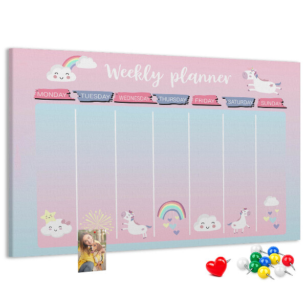 Kurk prikbord weekplanner met kleurrijke eenhoorns