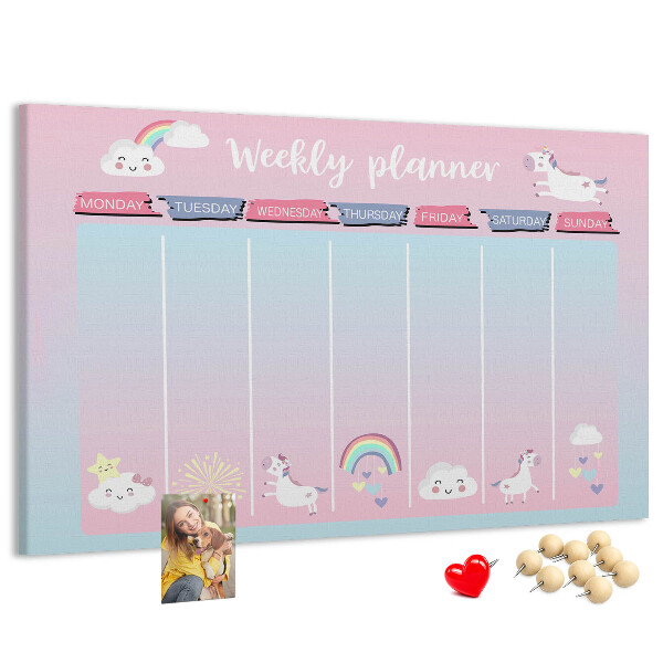 Kurk prikbord weekplanner met kleurrijke eenhoorns