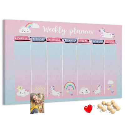 Kurk prikbord weekplanner met kleurrijke eenhoorns
