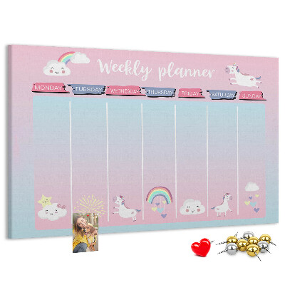 Kurk prikbord weekplanner met kleurrijke eenhoorns