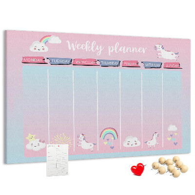 Kurk prikbord weekplanner met kleurrijke eenhoorns