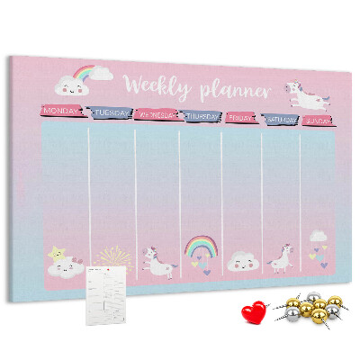 Kurk prikbord weekplanner met kleurrijke eenhoorns