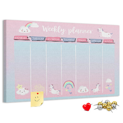 Kurk prikbord weekplanner met kleurrijke eenhoorns