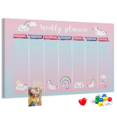 Kurk prikbord weekplanner met kleurrijke eenhoorns